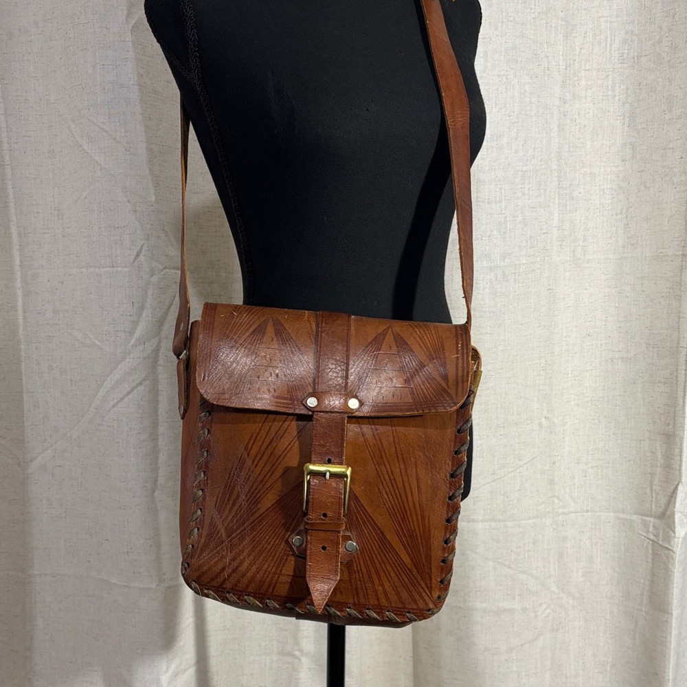 Vintage Handcrafted Brown Tooled Leather Shoulder Bag
